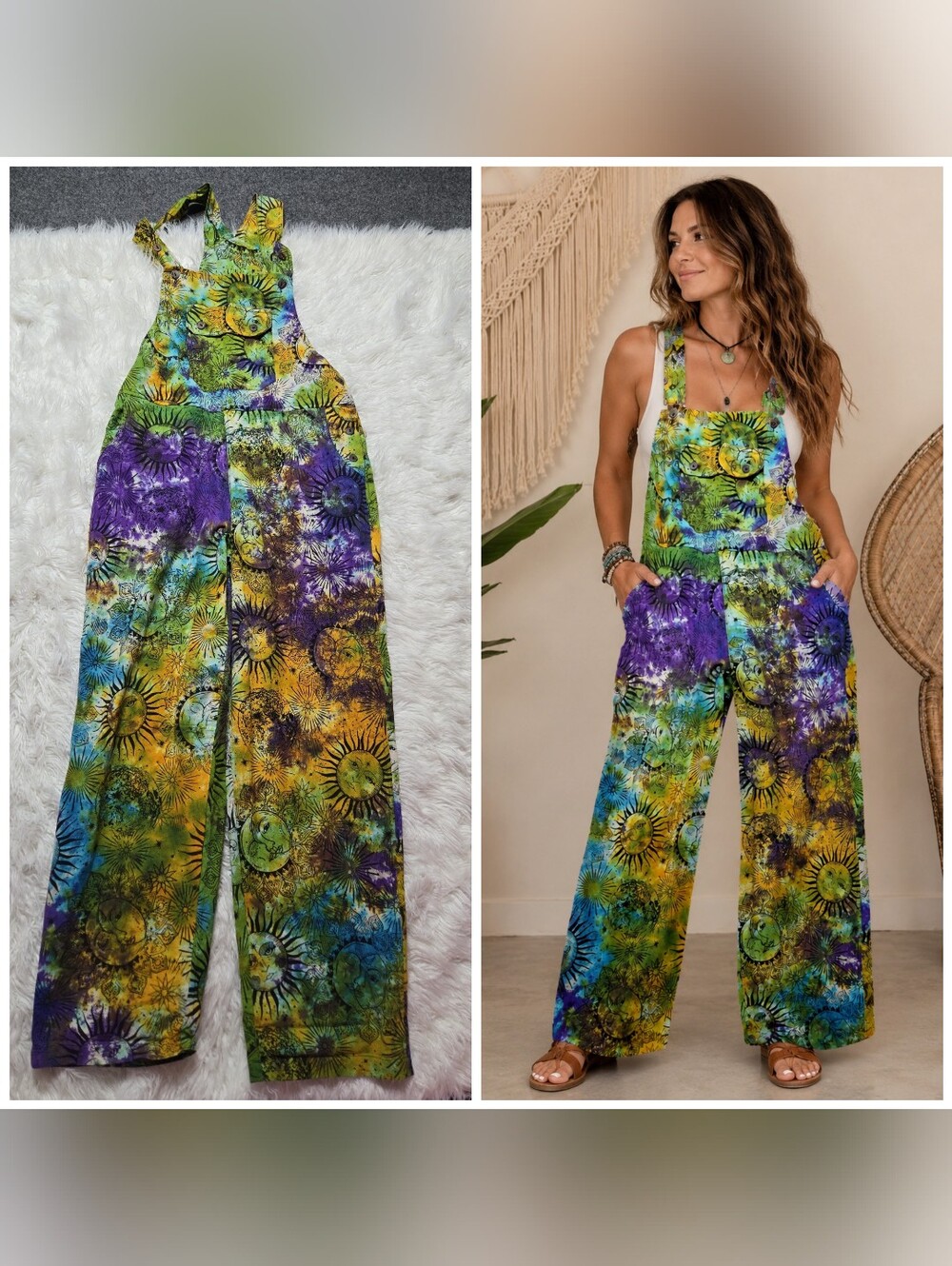Sun Celestial Tye-dye Boho Festival Summer Hippie Cotton Overalls Size Large